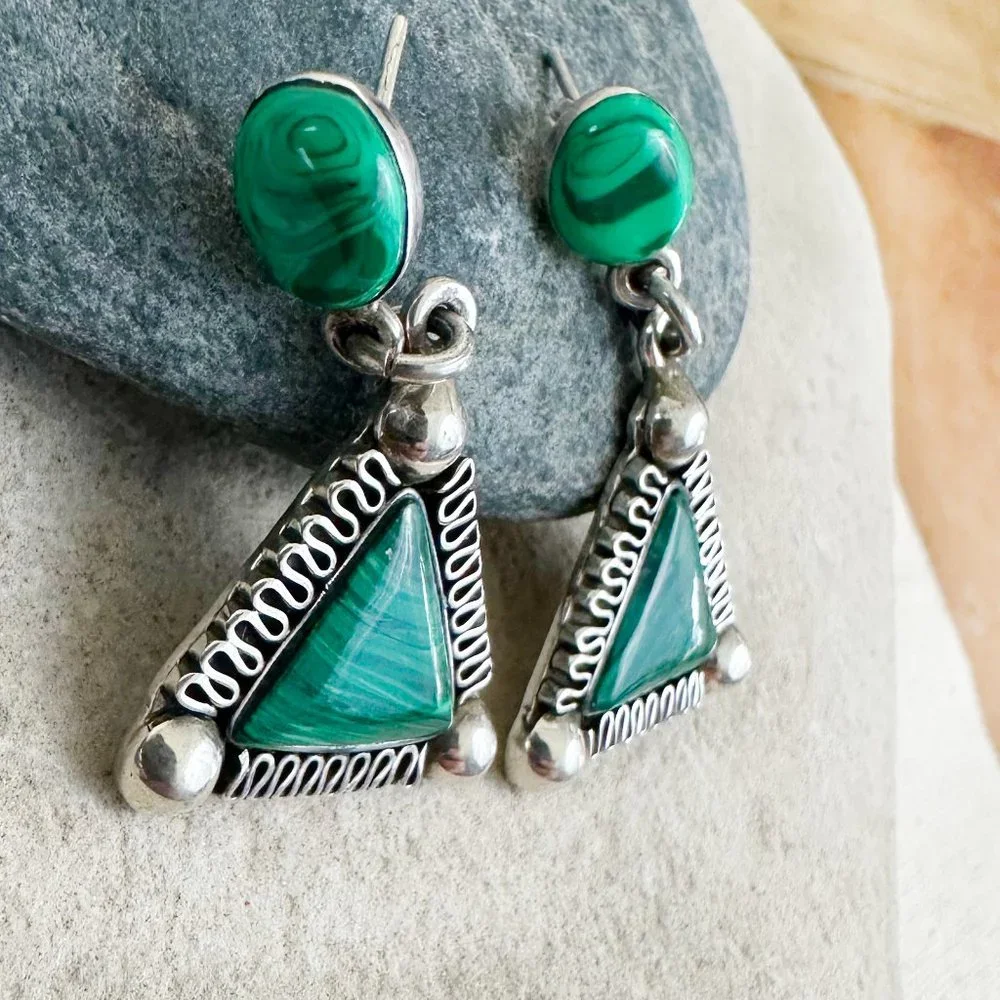 NEW‎ Sterling Silver Malachite Earrings Southwestern Pierced  925 Mexico